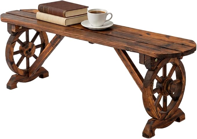 VINGLI Rustic Wooden Wheel Bench Outdoor Bench, Patio Bench Wagon Slatted Seat by VINGLI