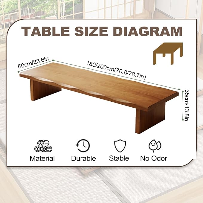 200 cm Solid Wood Low Coffee Table in Japanese Style, Tatami Meditation Table - Image 2