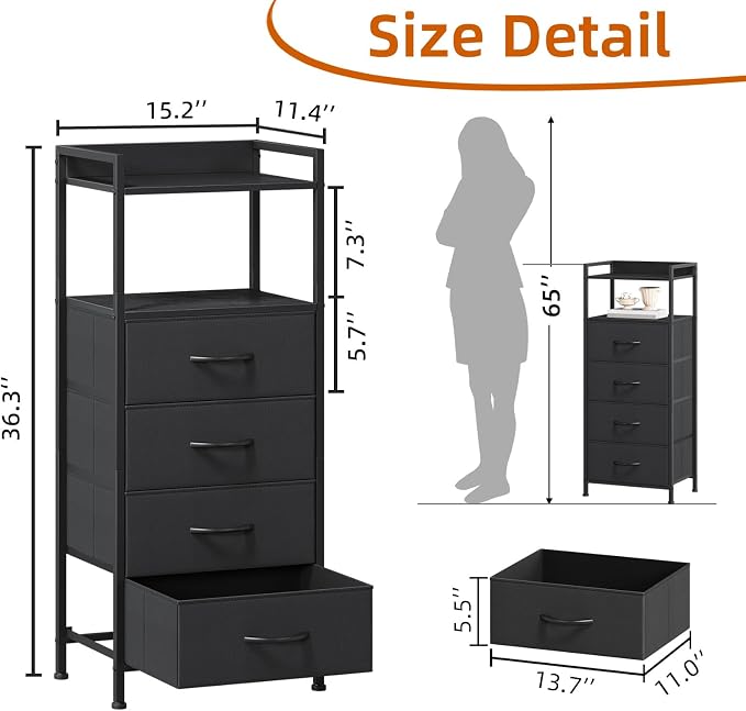 Somdot Nightstand with 4 Drawers, Vertical Storage Tower Fabric Dresser - Image 3