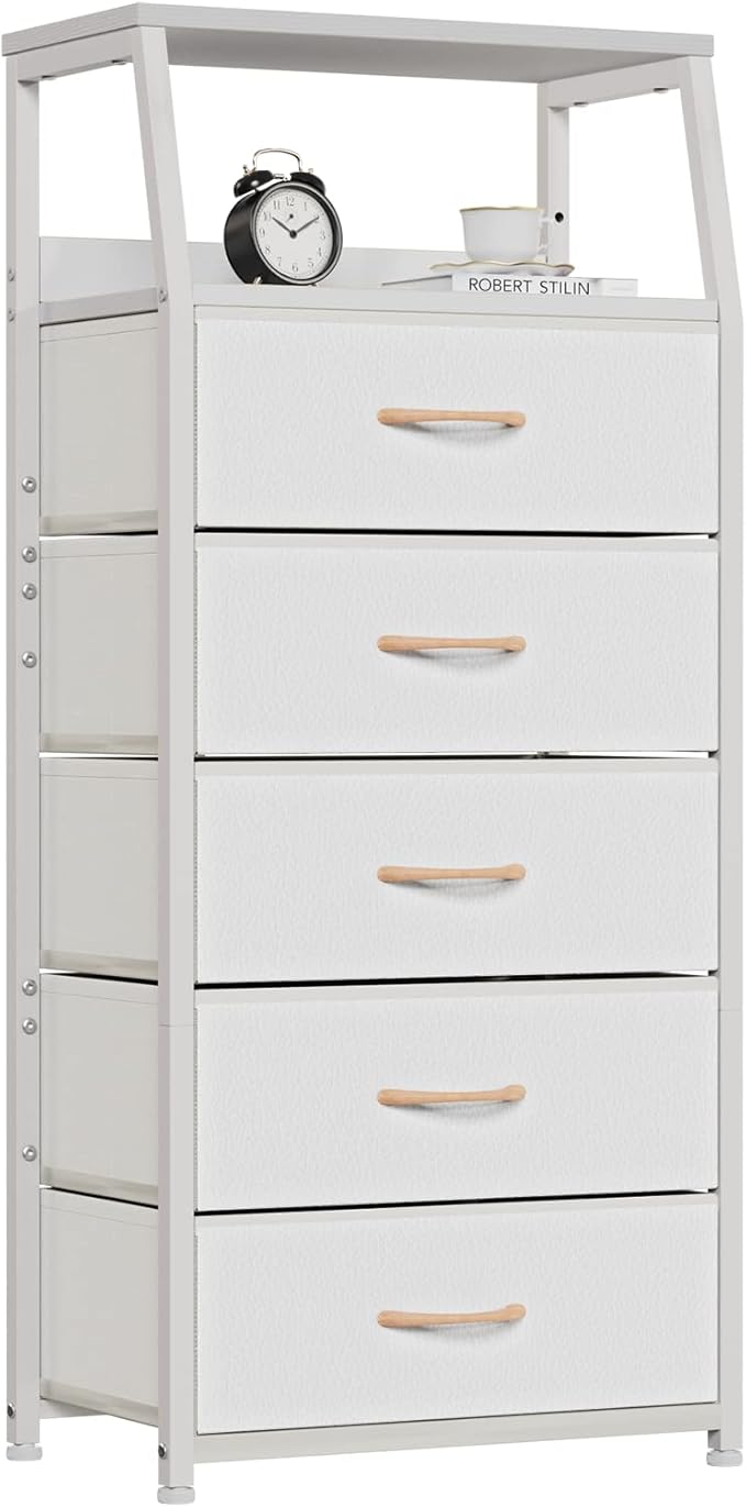 Furnulem White Dresser with 5 Drawers, Vertical Storage Tower Fabric Dresser by Furnulem