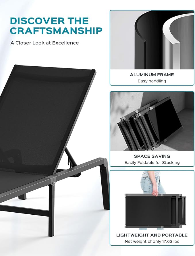 Ciokea Aluminum Chaise Lounge Ourdoor, Foldable & Assemble Free Outdoor Lounge - Image 7