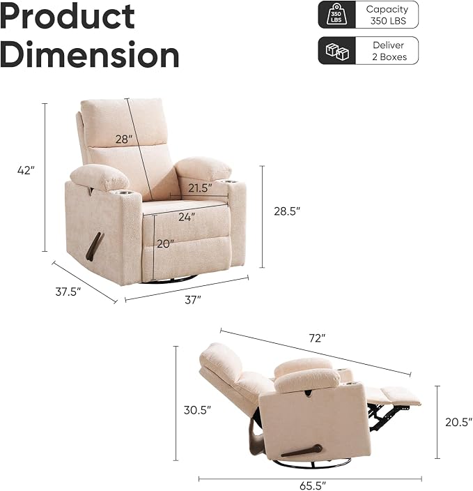 Swivel Rocker Recliner with Adjustable Armrests, Rocking Nursery Chair with - Image 2