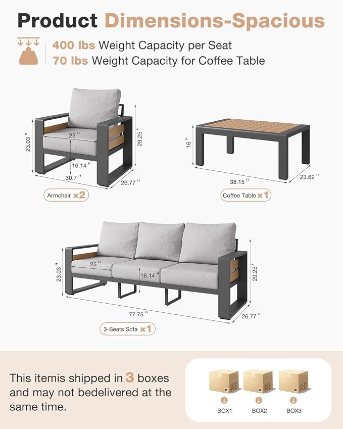 Aoxun Aluminum Patio Furniture Set, 5 Seats Luxury Outdoor Sectional - Image 6