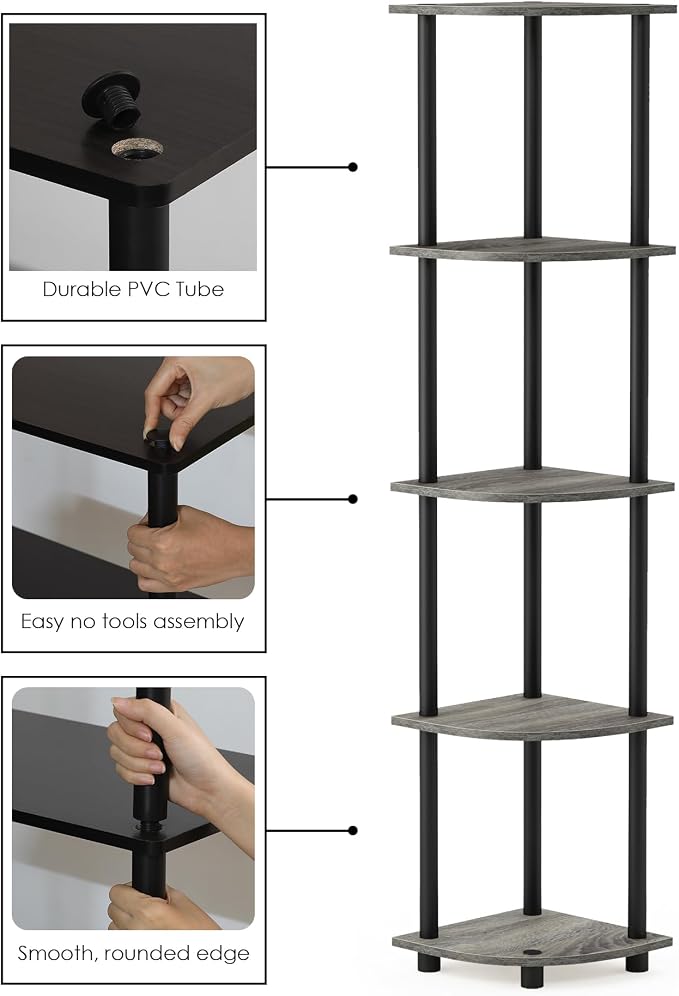Furinno TURN-N-TUBE Corner Shelf, 5-Tier Corner Bookshelf, Open Storage Shelves - Image 4