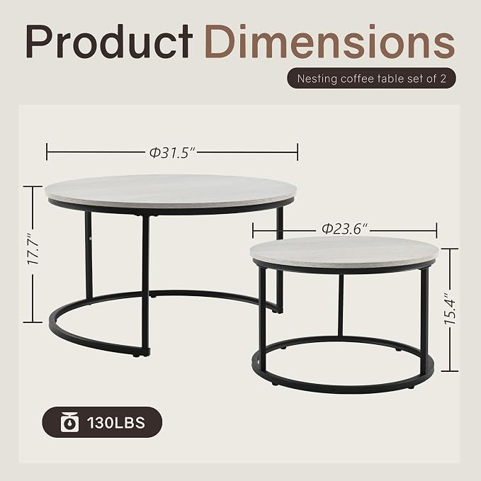 Otterease Nesting Tables Set of 2, 31.5" Round Coffee Table, Large Nesting - Image 2