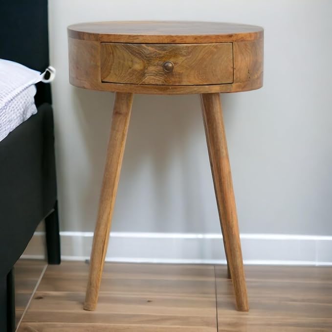 Nordic Inspired Circular Bedside Table 1 Drawer Oak Wood - Image 3