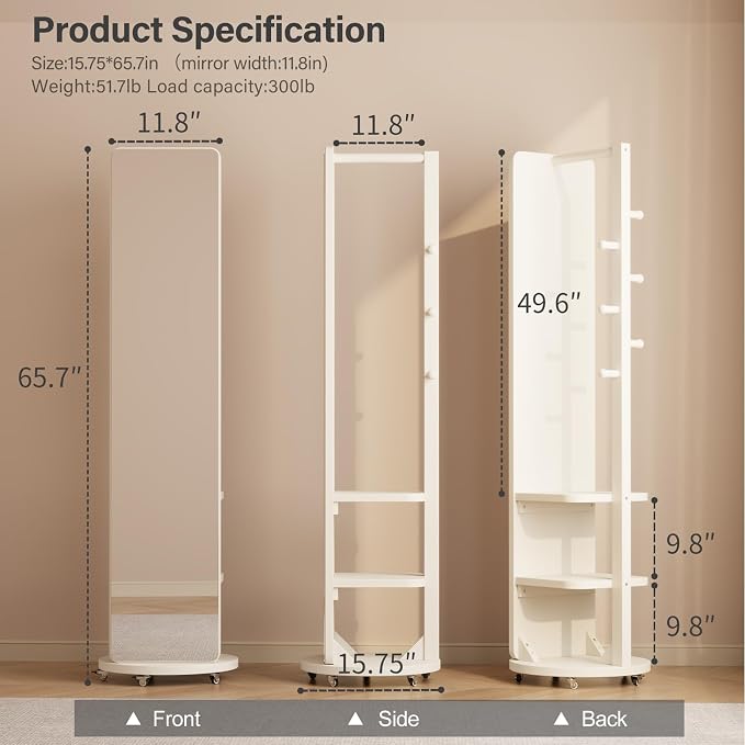WoodsWhisper Full Length Mirror Coat Rack Solid Wood Floor Mirror 66"x12" Full - Image 2
