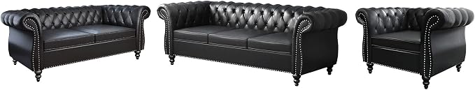 3 Piece Living Room Set, Chesterfield Leather Sofa Loveseat Couch Chair - Image 9