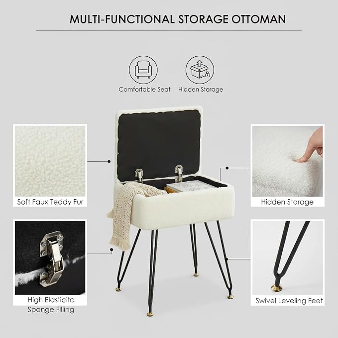 Vanity Stool Chair, Faux Teddy Fur Ottoman Foot Stool - Image 4