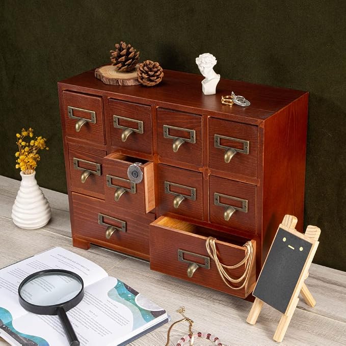 Apothecary Cabinet with 10 Drawers & Labels Rustic Library Card Catalog Cabinet - Image 5