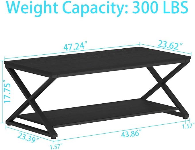 HSH Black Coffee Table Modern, 47 Inch Simple Rectangle Cocktail Table - Image 2