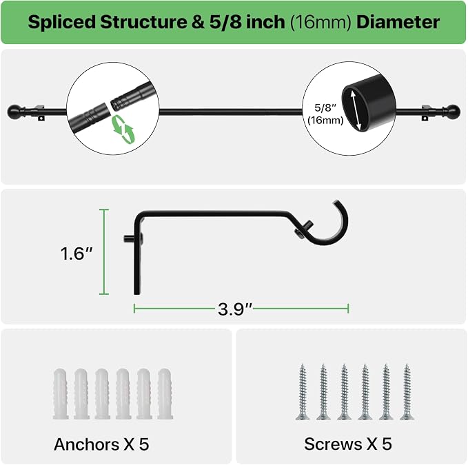 Black Curtain Rods for Windows 28 to 60 inch, Adjustable Curtain Rod Set - Image 3