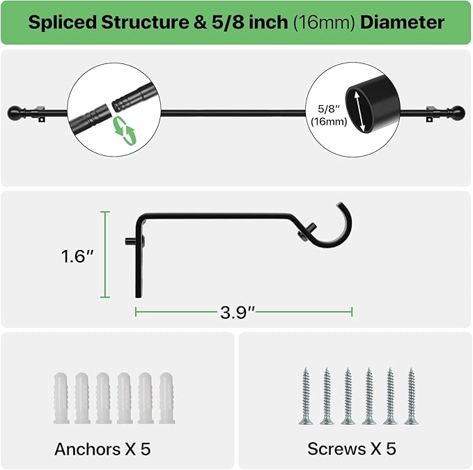 2 Pack 28-48 inch Black Metal Wall Mounted Curtain Rod Set - Image 3