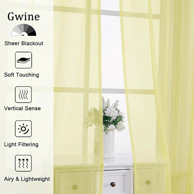 Gwine Light Yellow Sheer Kitchen Curtains 36 Inch Length - Image 2