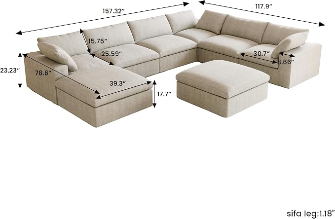 Cloud Modular Sectional Sofa Couch, Oversized Couch 8 Seater, 160.6" U Shaped - Image 2