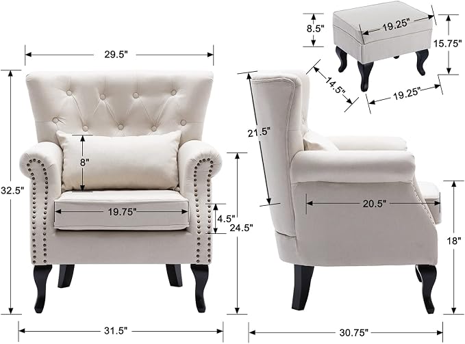 Mid Century Modern Accent Chair Upholstered Armchair Comfy Linen Fabric Tufted - Image 2