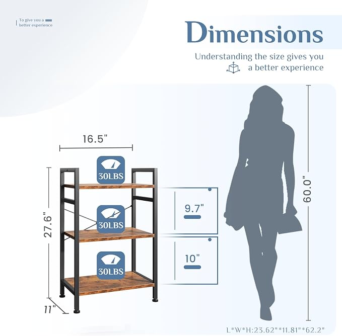 DUMOS 3 Tiers Open Bookshelf, Classic Freestanding Tall Display Shelf, Sturdy - Image 3