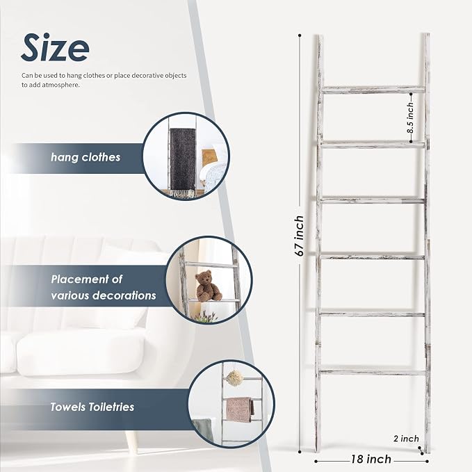 6-Tier Blanket Ladder Wooden, 5.7FT Blanket Quilt Towel Holder Rack Decorative - Image 3