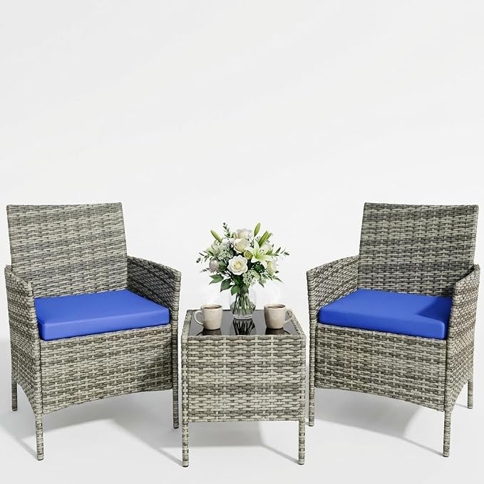 3 Piece Outdoor Patio Furniture Set, All-Weather PE Rattan Wicker Chairs by Garvee