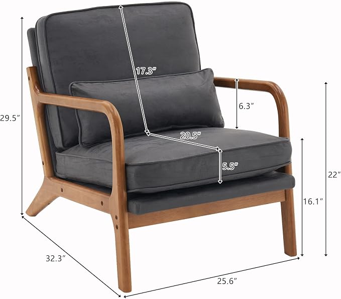 Bonnlo Microfiber Dark Grey Mid Century Modern Accent Chair, Soild Wood Padding - Image 2