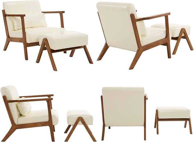 Modern Accent Chair and Ottoman Set, Mid-Century Faux Leather Upholstered - Image 8