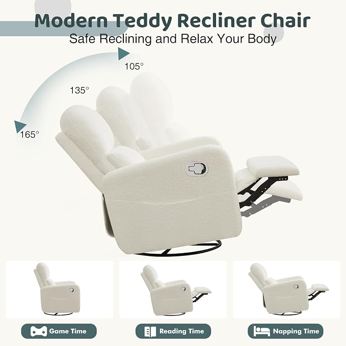Swivel Rocker Recliner, Oversized Boucle Glider Recliner Nursery, Manual Swivel - Image 4