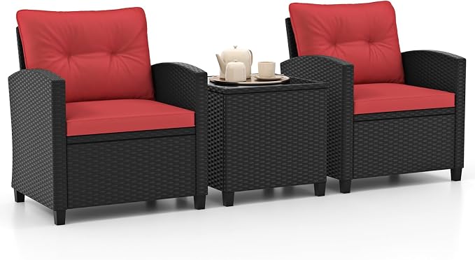 HAPPYGRILL 3 Pieces Wicker Patio Conversation Set, PE Rattan Bistro Sofa Set by HAPPYGRILL