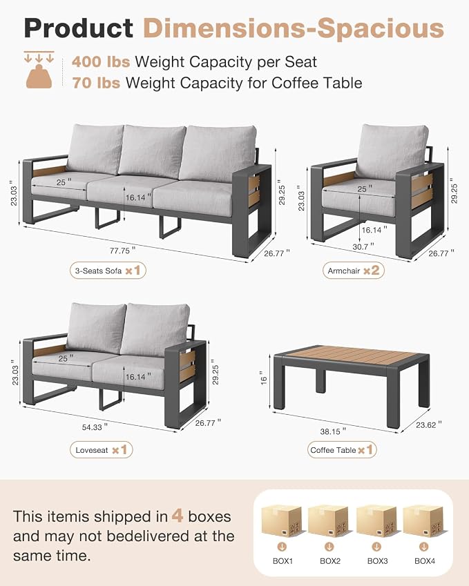 Aoxun Aluminum Patio Furniture Set, 5 Piece Luxury Outdoor Sectional - Image 7