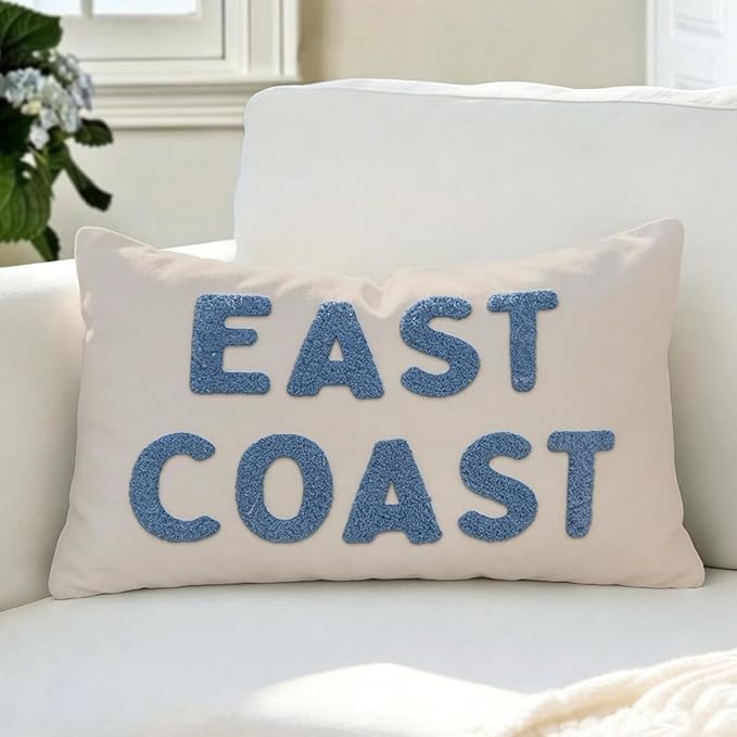 Blue Coastal Tufted Embroidery Throw Pillow Cover 12x20, Coastal Room Decor by Unknown