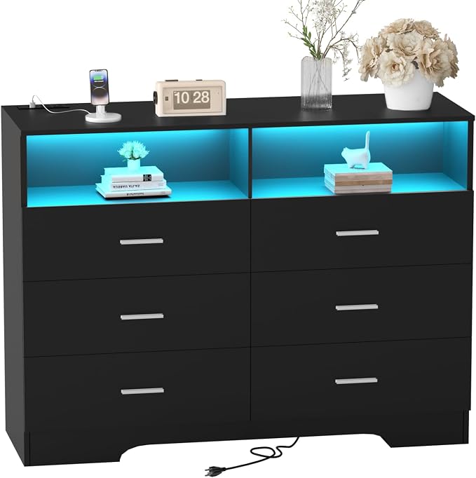 FJTJBSI Dresser with Power Outlets and LED Lights Wooden 6 Drawer Dresser with by FJTJBSI