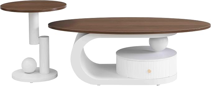 Modern Oval Coffee Table Set of 2, Wood Living Room Accent Coffee Table and - Image 4