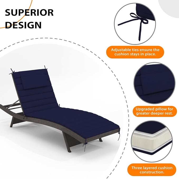 Sundale Outdoor Olefin Quilted Lounge Cushion Set of 2, Patio Foldable Chaise - Image 4
