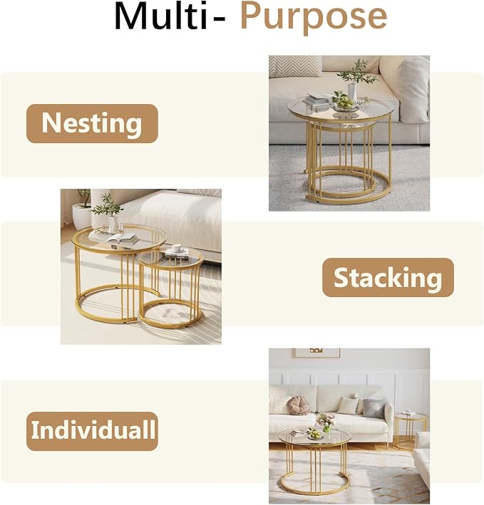 Garden 4 you Nesting Coffee Table, 23.6" Round Coffee Table Set of 2, Glass - Image 7