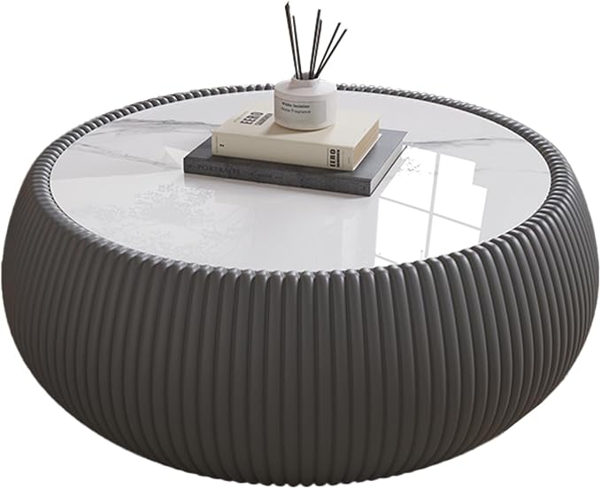 SSLine Round Drum Coffee Table Modern Sintered Stone Top Coffee Table in Grey - Image 8