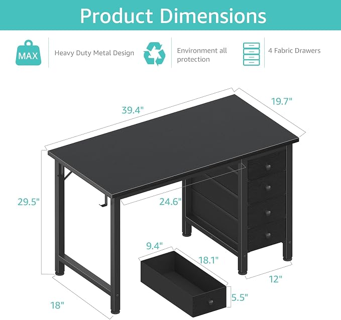 Lufeiya Small Gaming Desk with 4 Drawers, 40 Inch Kids Girls Teen Cute Study - Image 3