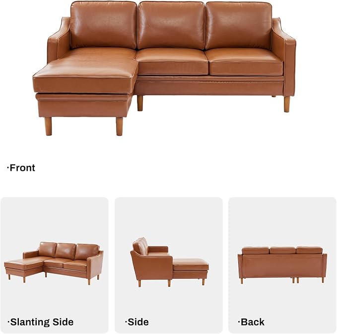 Kingfun 88" L-Shape Sofa, Faux Leather Sectional Couch, Mid Century Modern - Image 9