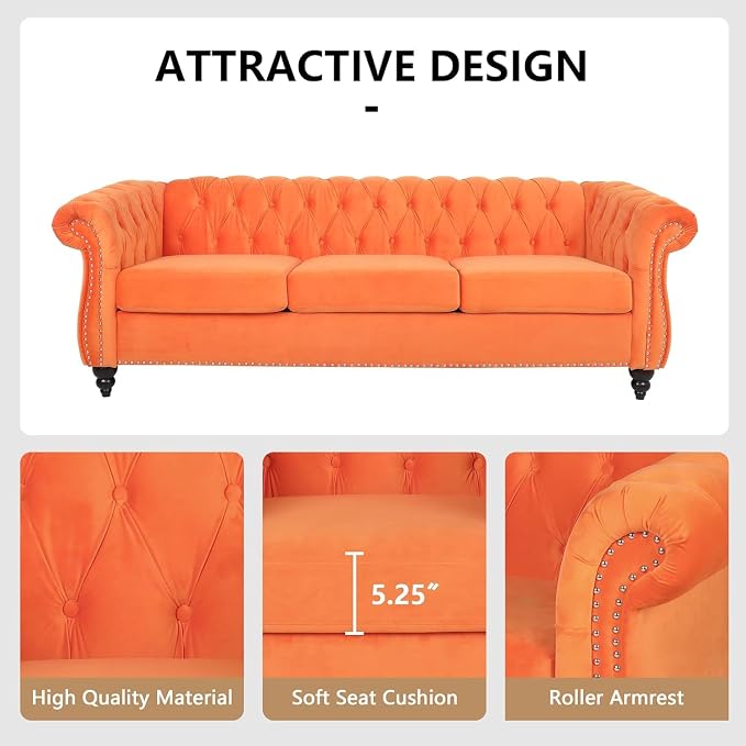 Mid-Century 3 Seater Sofa, Velvet Couch - Image 5