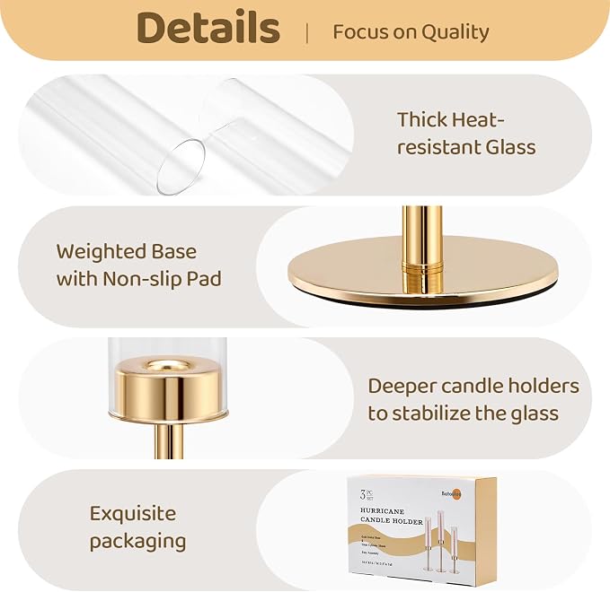 Gold Hurricane Candle Holders Set of 6, Tall Metal Windproof Glass Taper Candle - Image 3