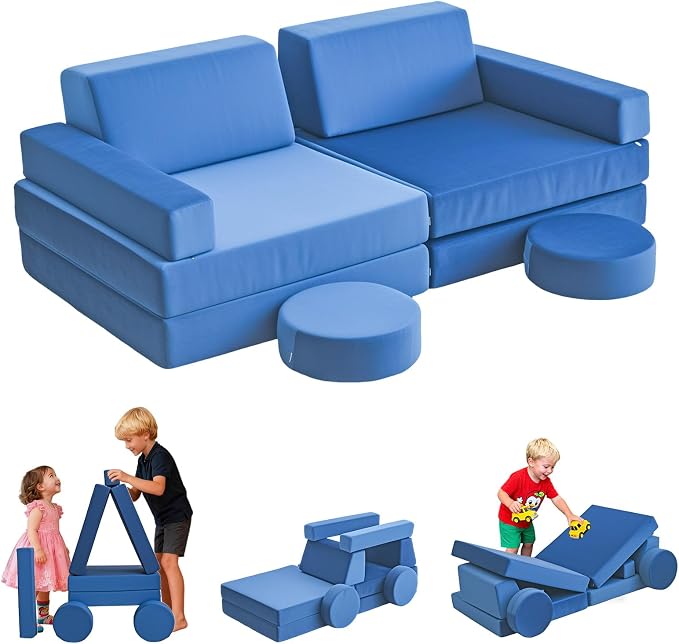 12 Pcs Modular Kids Play Sofa Convertible Foam Floor Mat and Play Fortress by FURNAWAY