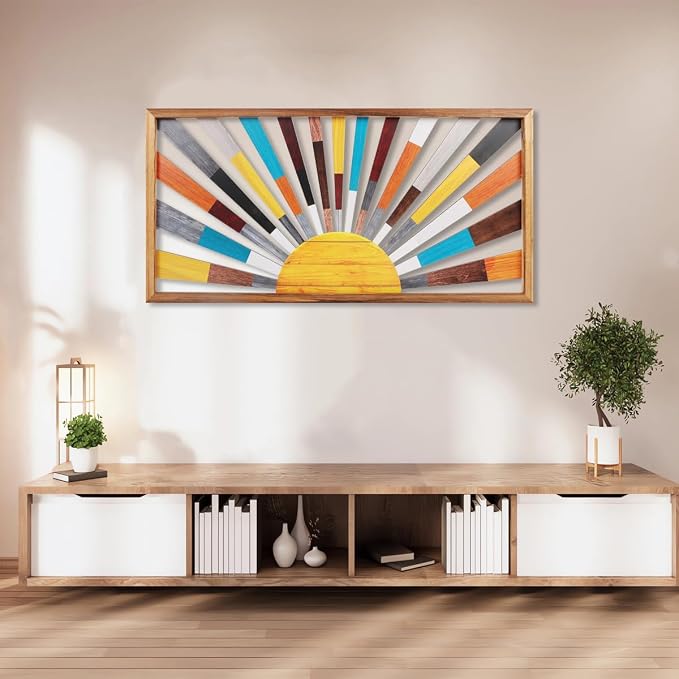 IARTTOP Large Boho Sun Wall Art Framed Wooden Art Wall Decor Rainbow Sun Rising - Image 8