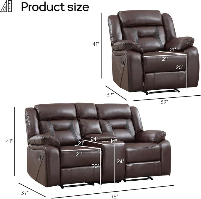 EBELLO Manual Recliner Sofa Set, Faux Leather Reclining Living Room Furniture - Image 2