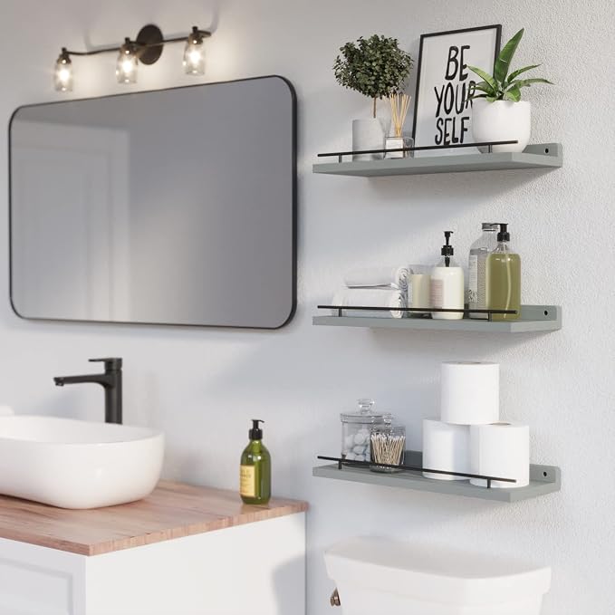 WOPITUES Floating Shelves with Black Metal Guardrail, Shelves - Image 2