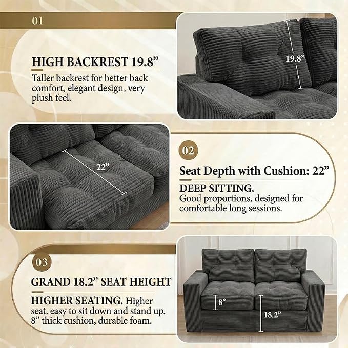 69" Corduroy Loveseat Sofa in a Box, High-Density Foam Couch, No Assembly - Image 4