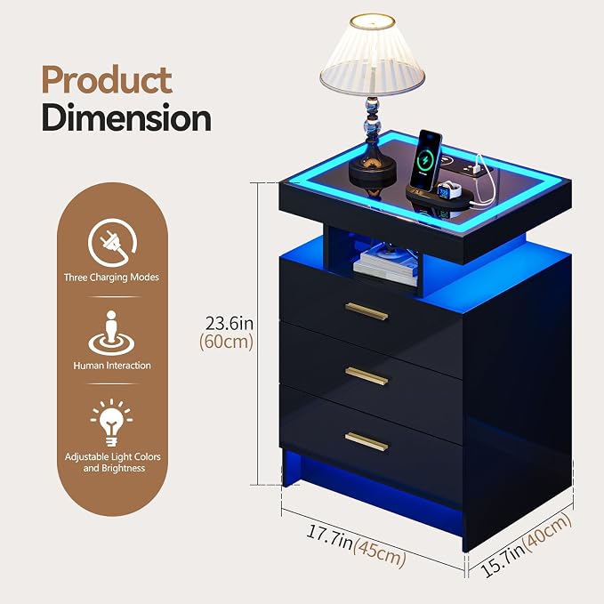 Black Night Stand Set 2 with Wireless Charging Station, Smart Bedside Table - Image 2