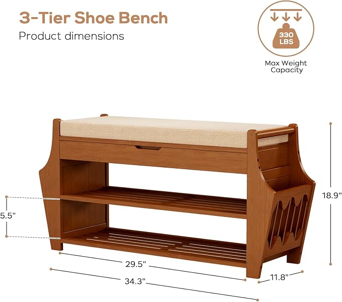 oakvivo 34.3in Shoe Bench, Bamboo 3-Tier Entryway Bench - Image 2