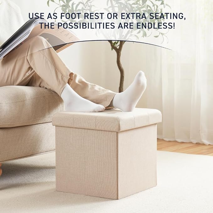 Ornavo Home 2 Pack 15 Inch Folding Storage Ottoman, Square Cube Linen Small - Image 5