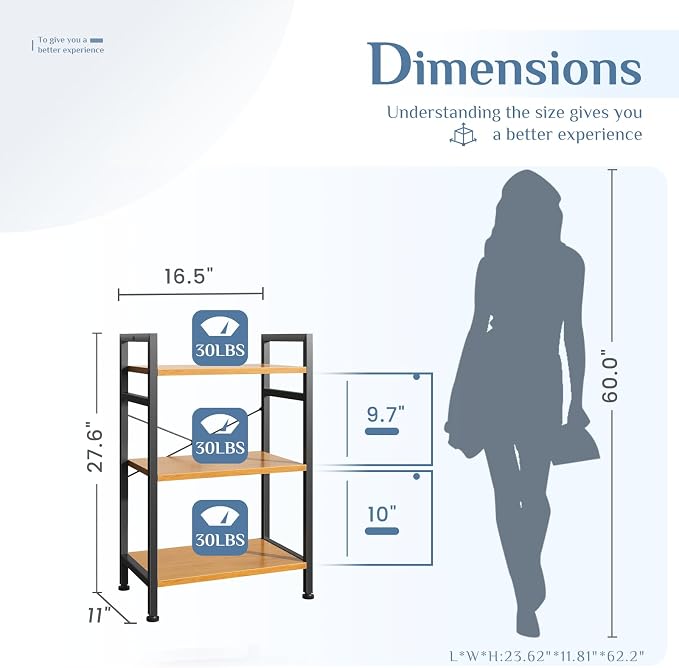 DUMOS 3 Tiers Open Bookshelf, Classic Freestanding Tall Display Shelf, Sturdy - Image 3