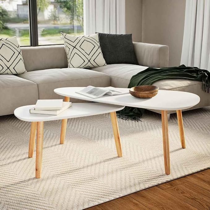 2 Scandinavian-Style Coffee Table & Set White Solid Pinewood by THOYTOUI