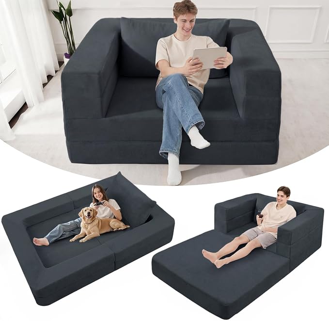 Futon Sofa Bed with Pillow, 3-in-1 Sleeper Sofa Bed with Removable Cover by Cansunna