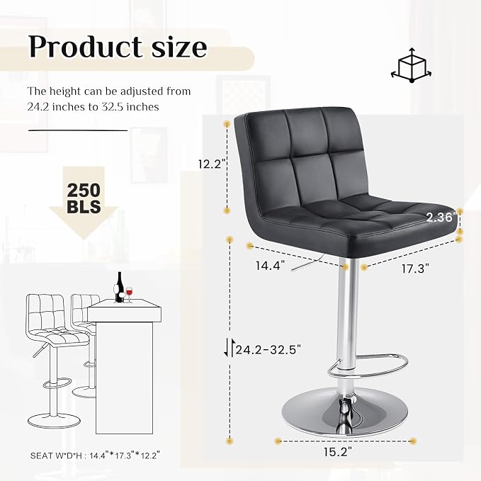 DUMOS Bar Stools Set of 2, 24 inch Counter Height Bar Stools, Upholstered - Image 2